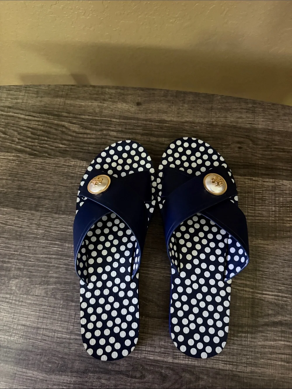 Tory Burch Navy Polka Dot Cross-Band Slide Sandals with Gold Emblem